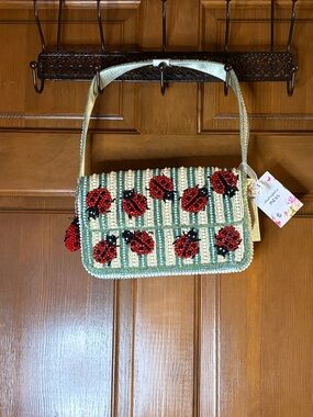 NWT Handcrafted in India Beaded Ladybug Crossbody Bag in Mint Green